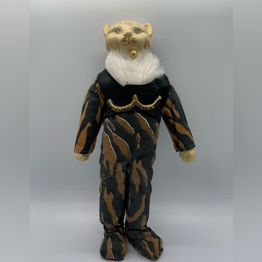 Vintage Porcelain Hard Plastic Cat Doll Collectible Toy Decor, Animal Print